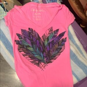 Pink Graphic Tee with Feather Design